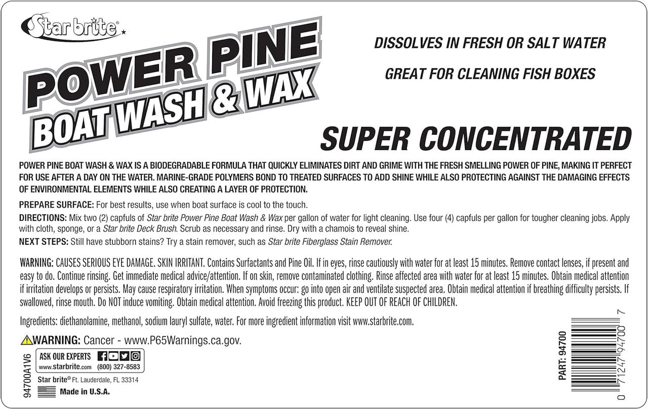 StarBrite Power Pine Wash & Wax - Concentrated Marine Grade Formula for Boats, Cars & More - Clean, Shine, UV Protect & Shed Stains in One Step - 1 Gallon