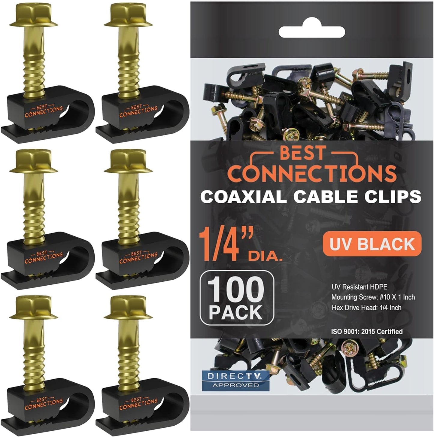 BEST CONNECTIONS Coaxial Cable Clips with Pre-Inserted Screw – Black Single Cable Mounting Clamps for Coax Cable (RG6, RG59) and Ethernet Cable, Cord Fastener/Strain Relief Clip