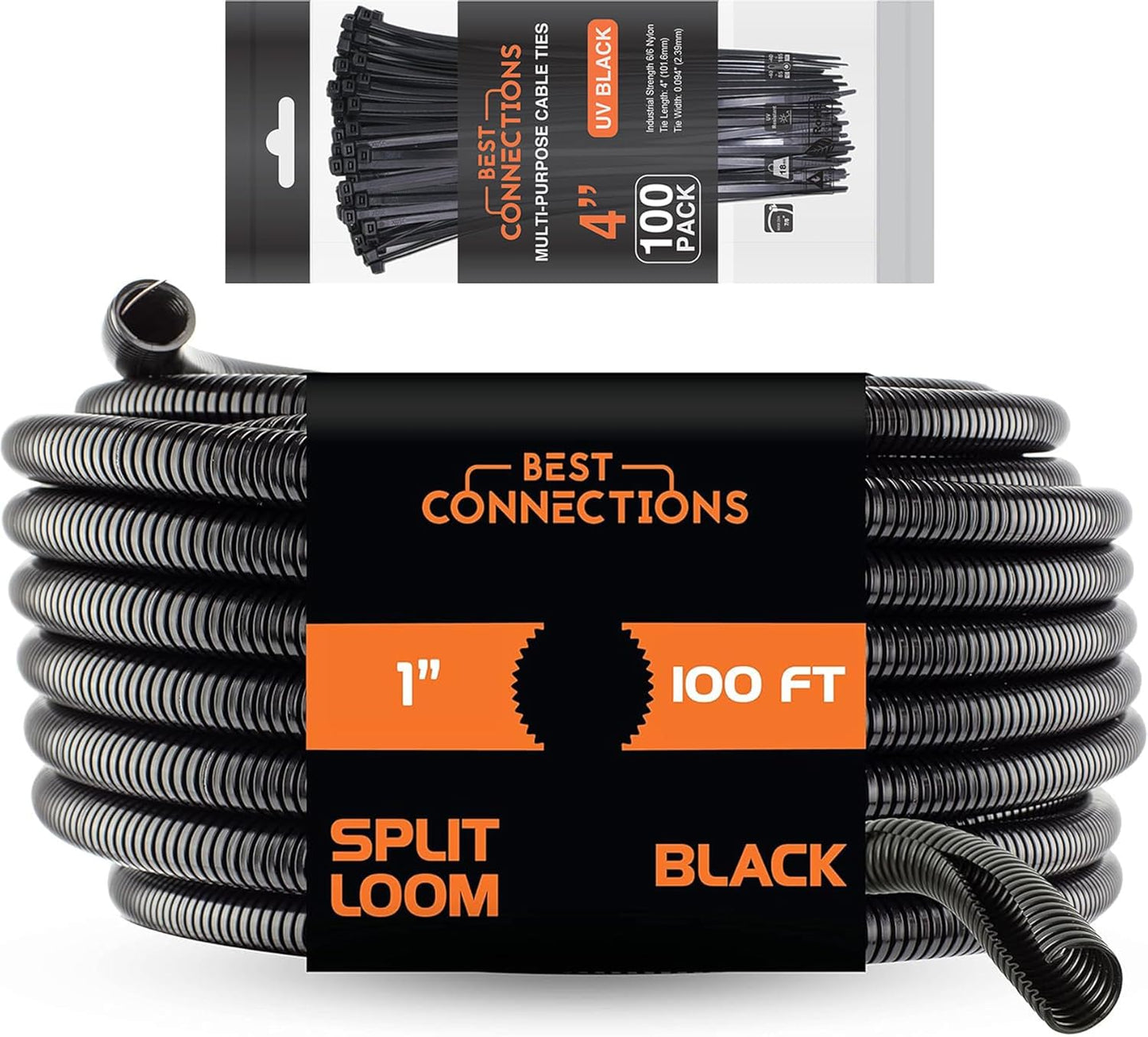 BEST CONNECTIONS 100 feet Split Wire Loom Flex-Guard Convoluted Tubing with 100 Nylon Cable Zip Ties Black