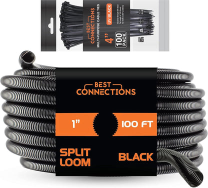 BEST CONNECTIONS 100 feet Split Wire Loom Flex-Guard Convoluted Tubing with 100 Nylon Cable Zip Ties Black