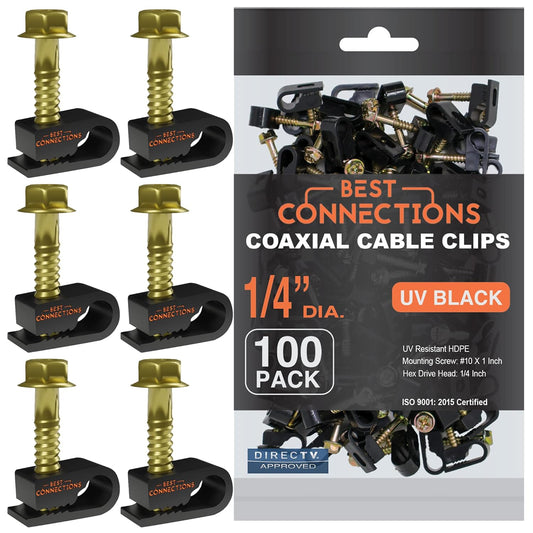 BEST CONNECTIONS Coaxial Cable Clips with Pre-Inserted Screw – Black Single Cable Mounting Clamps for Coax Cable (RG6, RG59) and Ethernet Cable, Cord Fastener/Strain Relief Clip