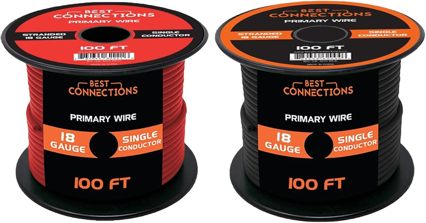 BEST CONNECTIONS 18 Gauge Automotive Primary Wire - 100ft | Ideal for Trailer, Speaker, and Lighting Circuits | Durable Primary/Remote, Power/Ground Electrical Wiring
