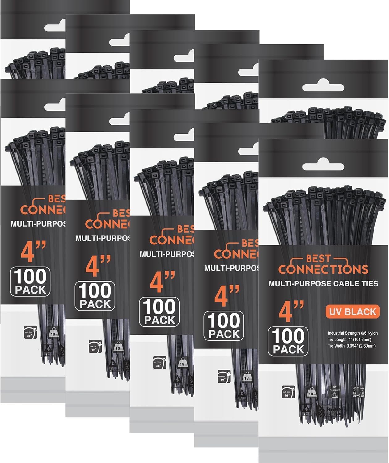 BEST CONNECTIONS Black Cable Zip Ties 4 Inch Strong Nylon Wire Ties with 18 lbs Tensile Strength Cable Management Ties for Outdoor & Indoor