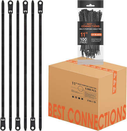 BEST CONNECTIONS Black Cable Zip Ties 11 Inches with Screw Down Hole for Mounting- Strong Nylon Wire Ties with 50lbs Tensile Strength – Cable Management Ties for Outdoor & Indoor