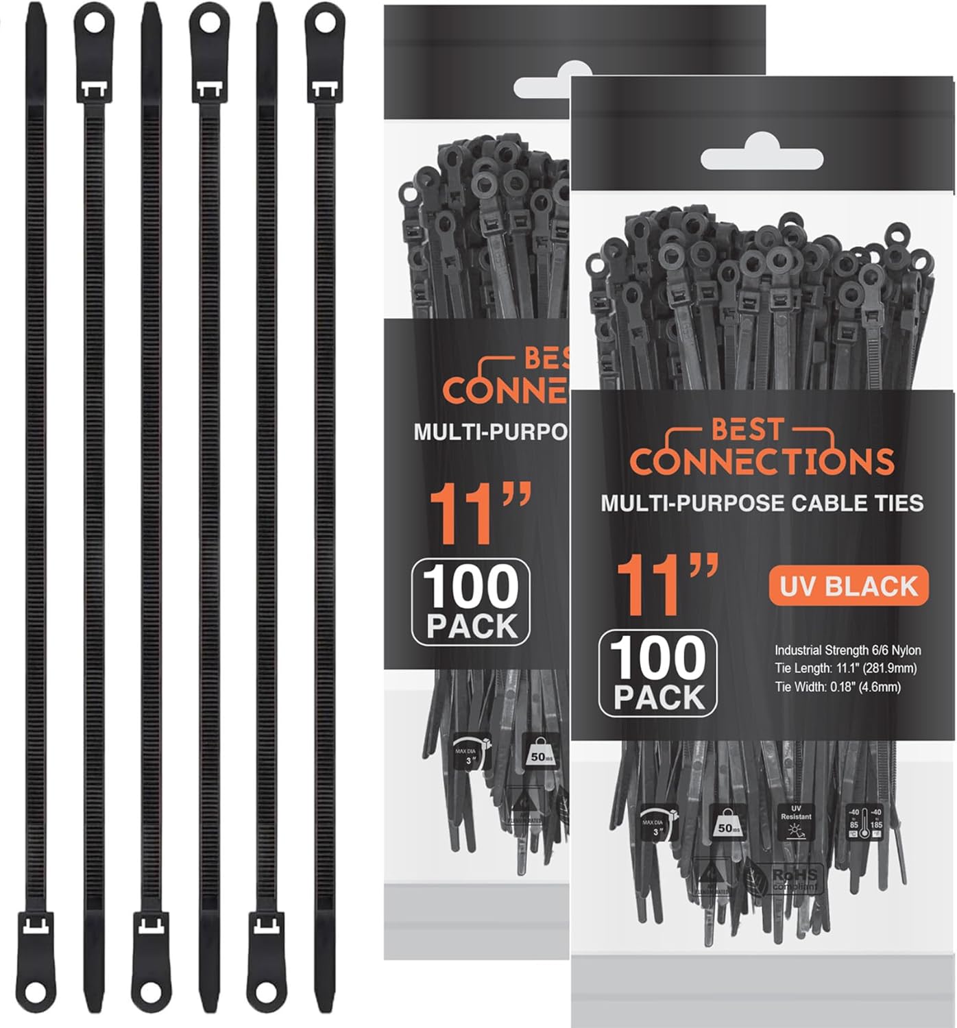 BEST CONNECTIONS Black Cable Zip Ties 11 Inches with Screw Down Hole for Mounting- Strong Nylon Wire Ties with 50lbs Tensile Strength – Cable Management Ties for Outdoor & Indoor