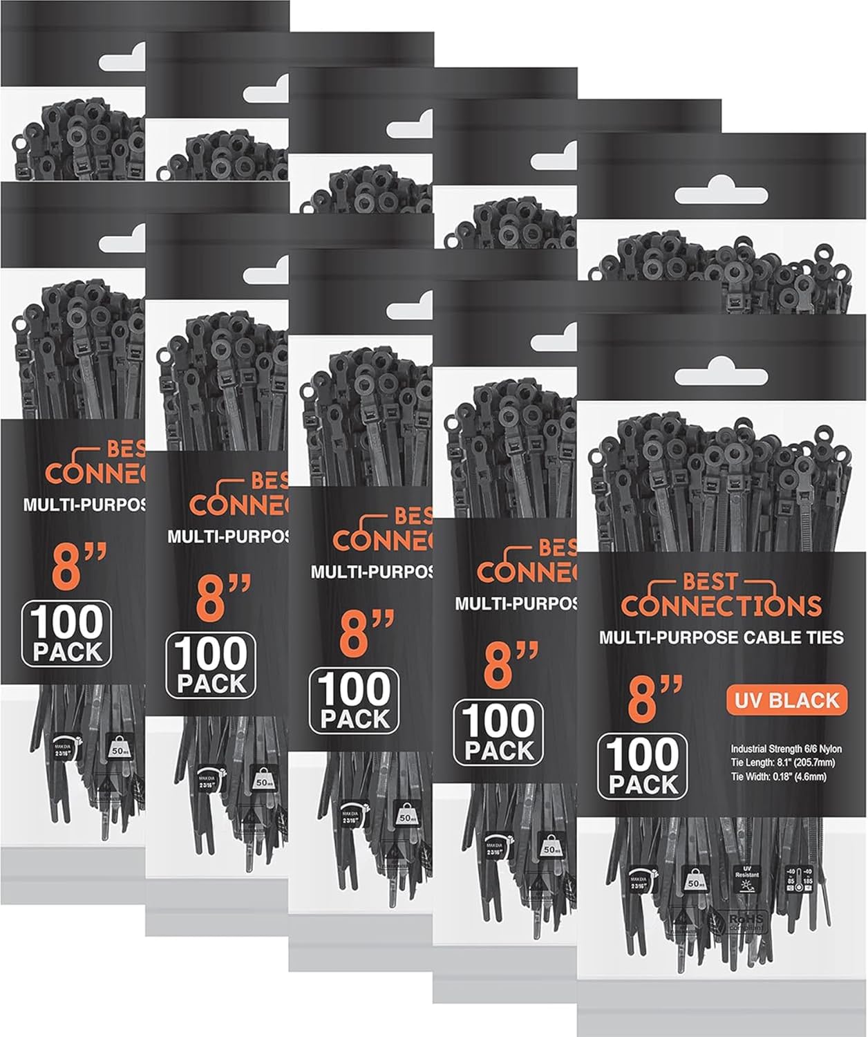 BEST CONNECTIONS Cable Zip Ties 8" with Screw Down Hole for Mounting Strong Nylon Wire Ties with 50lbs Tensile Strength Cable Management Ties for Outdoor & Indoor
