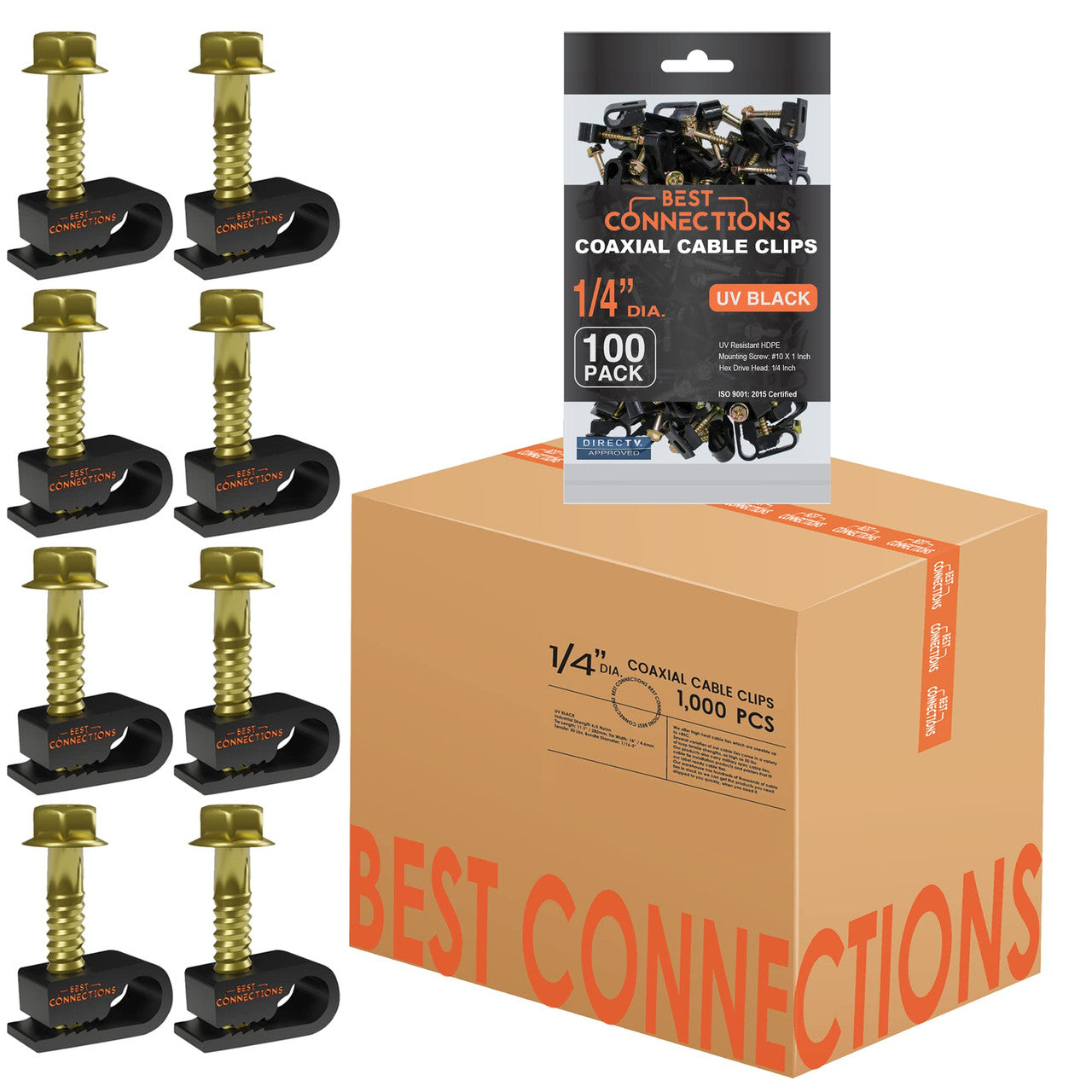 BEST CONNECTIONS Coaxial Cable Clips with Pre-Inserted Screw (1,000 Pack) – Black Single Cable Mounting Clamps for Coax Cable (RG6, RG59) and Ethernet Cable – Cord Fastener/Strain Relief Clip