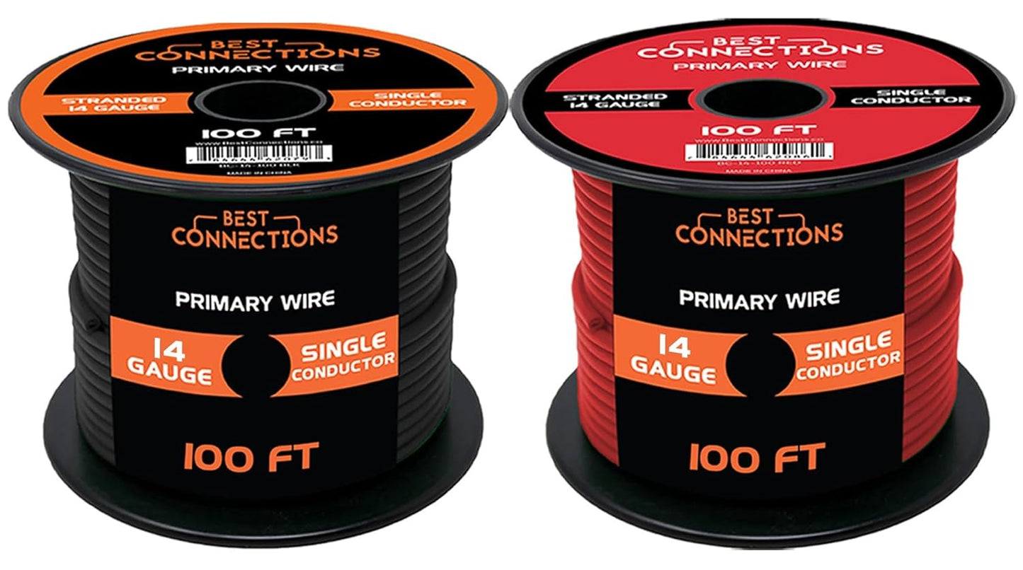 BEST CONNECTIONS 14 Gauge Automotive Primary Wire - 100ft | Ideal for Trailer, Speaker, and Lighting Circuits | Durable Primary/Remote, Power/Ground Electrical Wiring