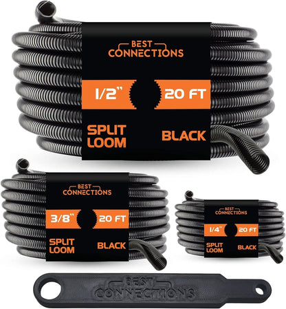 Best Connections 100 feet Split Wire Loom Flex-Guard Convoluted Tubing with Installation Tool Black