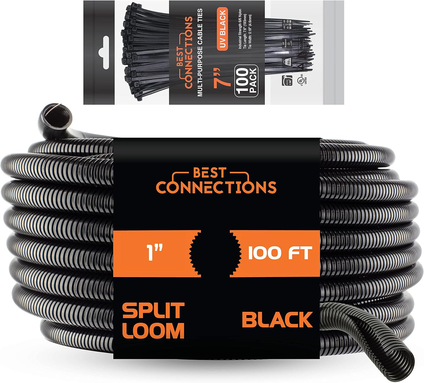 BEST CONNECTIONS 100 feet Split Wire Loom Flex-Guard Convoluted Tubing with 100 Nylon Cable Zip Ties Black