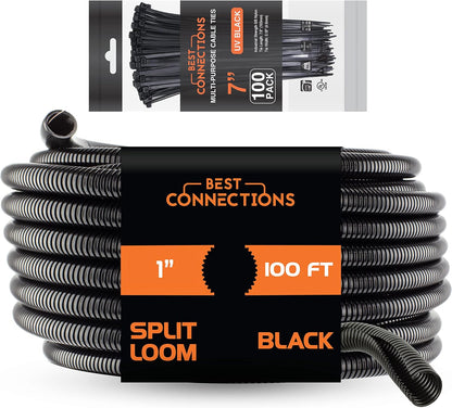 BEST CONNECTIONS 100 feet Split Wire Loom Flex-Guard Convoluted Tubing with 100 Nylon Cable Zip Ties Black