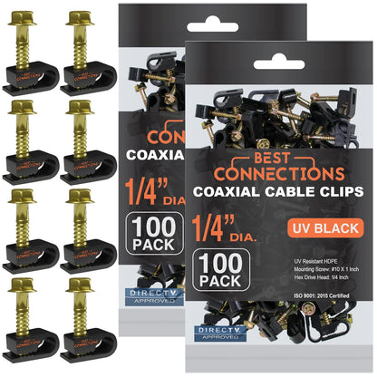 BEST CONNECTIONS Coaxial Cable Clips with Pre-Inserted Screw – Black Single Cable Mounting Clamps for Coax Cable (RG6, RG59) and Ethernet Cable, Cord Fastener/Strain Relief Clip