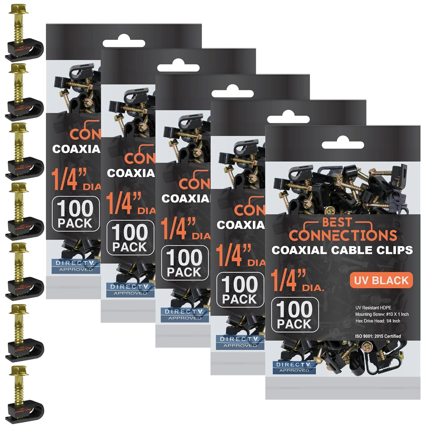 BEST CONNECTIONS Coaxial Cable Clips with Pre-Inserted Screw – Black Single Cable Mounting Clamps for Coax Cable (RG6, RG59) and Ethernet Cable, Cord Fastener/Strain Relief Clip