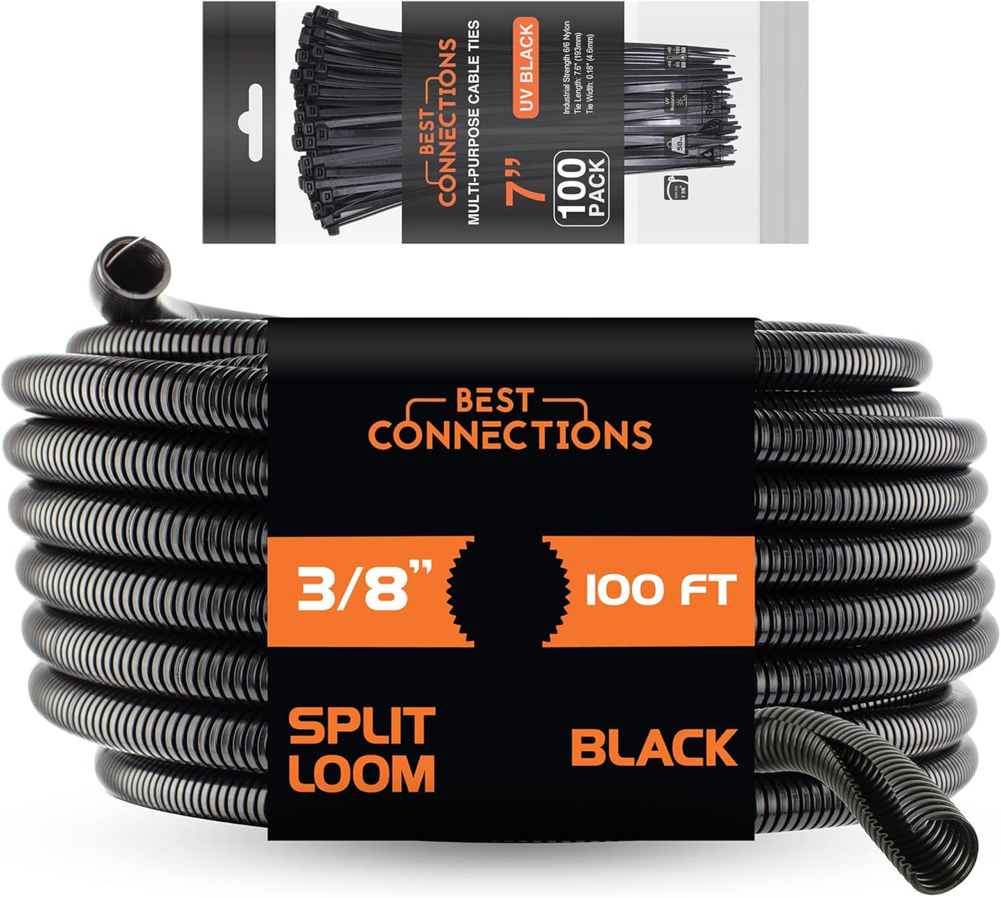 BEST CONNECTIONS 100 feet Split Wire Loom Flex-Guard Convoluted Tubing with 100 Nylon Cable Zip Ties Black
