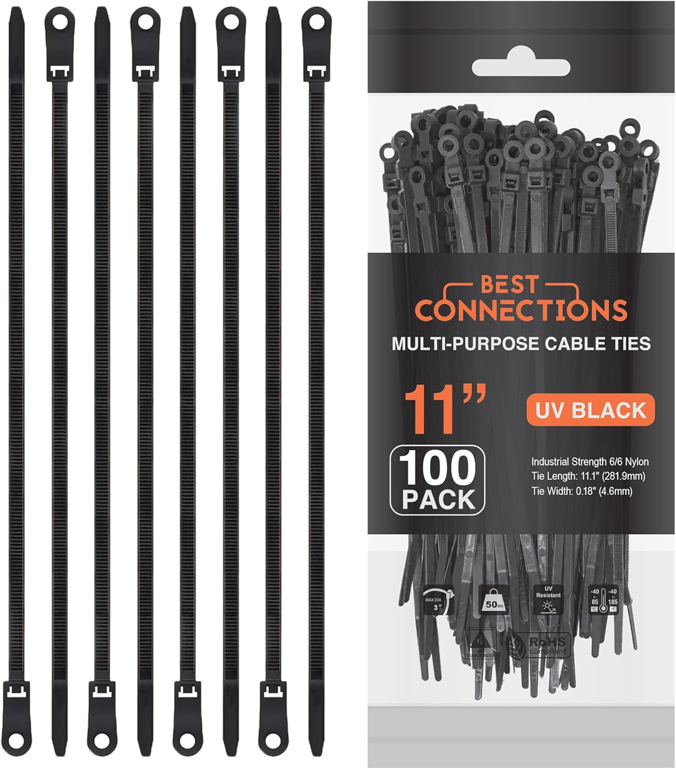 BEST CONNECTIONS Black Cable Zip Ties 11 Inches with Screw Down Hole for Mounting- Strong Nylon Wire Ties with 50lbs Tensile Strength – Cable Management Ties for Outdoor & Indoor