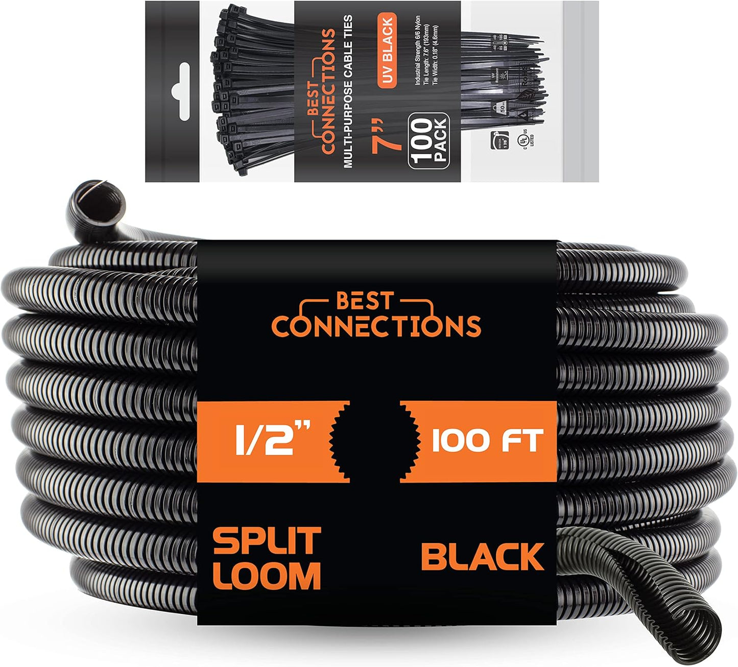 BEST CONNECTIONS 100 feet Split Wire Loom Flex-Guard Convoluted Tubing with 100 Nylon Cable Zip Ties Black