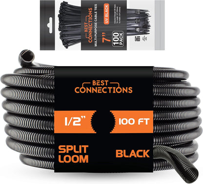 BEST CONNECTIONS 100 feet Split Wire Loom Flex-Guard Convoluted Tubing with 100 Nylon Cable Zip Ties Black