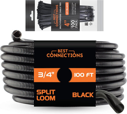 BEST CONNECTIONS 100 feet Split Wire Loom Flex-Guard Convoluted Tubing with 100 Nylon Cable Zip Ties Black