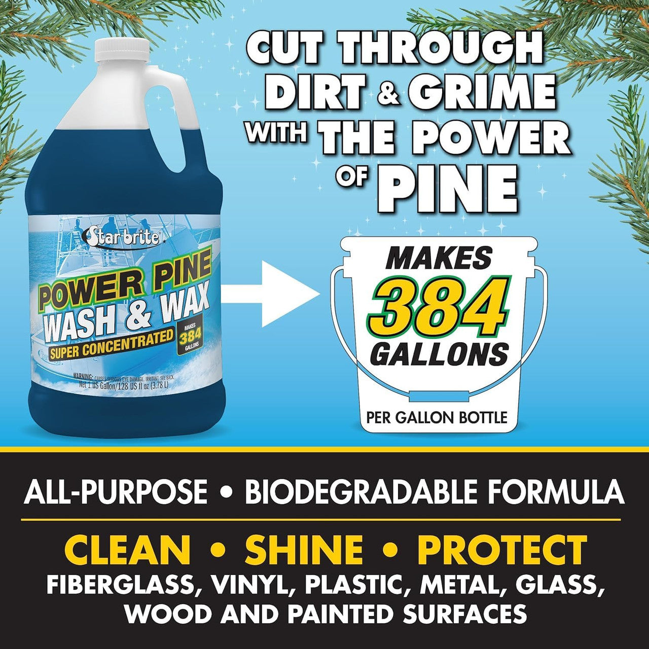 StarBrite Power Pine Wash & Wax - Concentrated Marine Grade Formula for Boats, Cars & More - Clean, Shine, UV Protect & Shed Stains in One Step - 1 Gallon