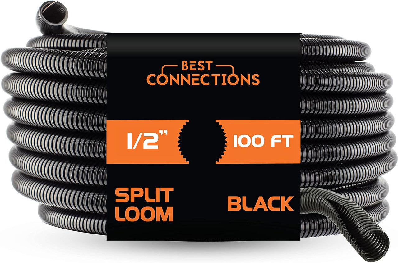 1/2" X 100 feet Split Wire Loom Flex-Guard Convoluted Tubing – Protective Split Cable Sleeves/Conduit for Automotive Home Electrical Wires – Black