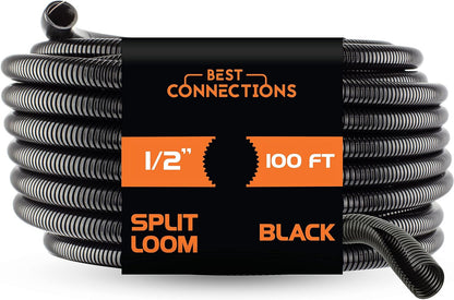 1/2" X 100 ft Split Wire Loom Flex-Guard Convoluted Tubing – Protective Split Cable Sleeves/Conduit for Automotive Home Electrical Wires – Black