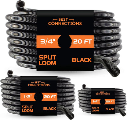 BEST CONNECTIONS (1/4" X 20 ft) (1/2" X 20 ft) (3/4" X 20 ft) Assorted Split Wire Loom Flex-Guard Convoluted Tubing – Protective Split Cable Sleeves/Conduit – Black