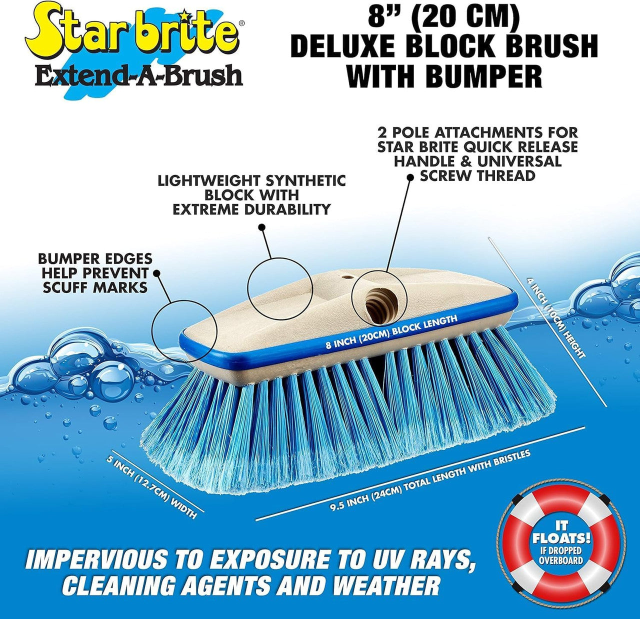 StarBrite Deluxe Medium Wash 8" Brush Head W/Bumper - Dual Connections Fit Either Standard 3/4" Threaded Poles or Extend-A-Brush Handles, (Blue) Medium