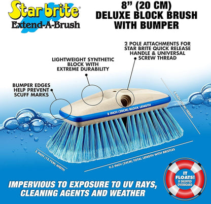 StarBrite Deluxe Medium Wash 8" Brush Head W/Bumper - Dual Connections Fit Either Standard 3/4" Threaded Poles or Extend-A-Brush Handles, (Blue) Medium