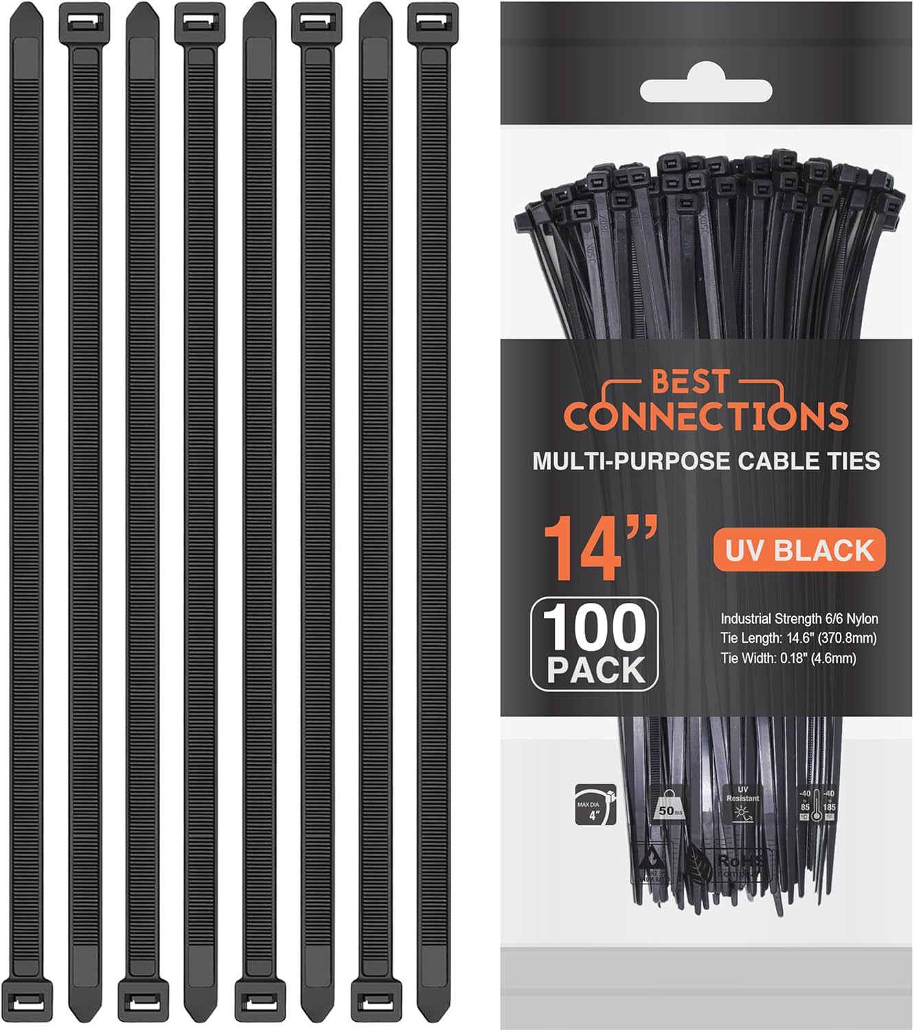 BEST CONNECTIONS Black Cable Zip Ties 14" Multi-Purpose Self-Locking Nylon Wire Ties with 50lbs Tensile Strength Cable Management Ties for Outdoor & Indoor