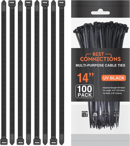 BEST CONNECTIONS Black Cable Zip Ties 14" Multi-Purpose Self-Locking Nylon Wire Ties with 50lbs Tensile Strength Cable Management Ties for Outdoor & Indoor