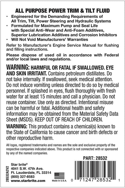 StarBrite PRO Star Power Trim & Tilt Fluid - Super Premium All Purpose Hydraulic Fluid for Trim Tabs, Power Tilt & Steering Systems - Anti-Wear, Anti-Foam - Outboard & Stern Drive Systems - 2 Pack