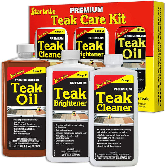 Premium Teak Care Pint Size KIT - Teak Cleaner, Premium Teak Brightener, and Premium Golden Teak Oil 081216