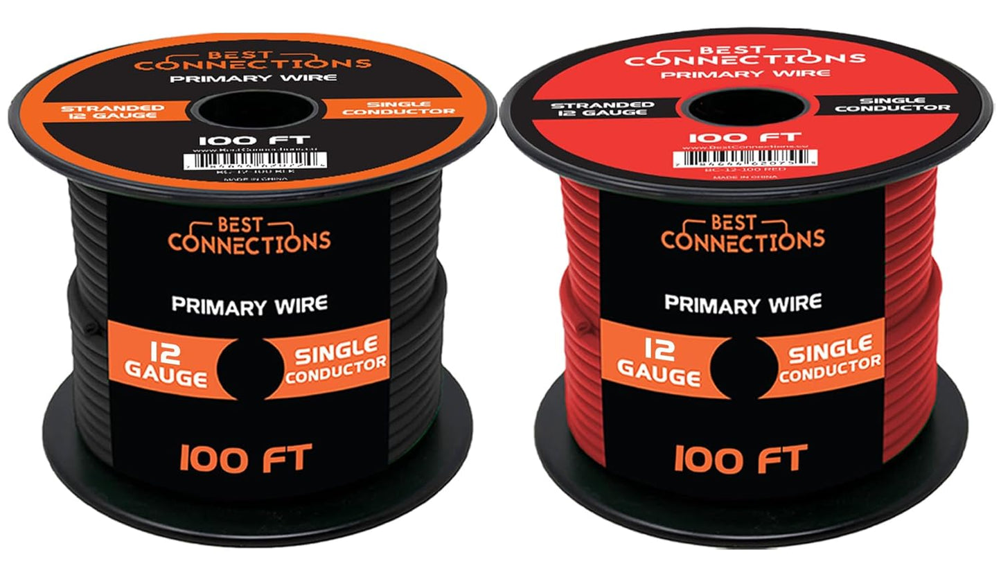 12 Gauge Car Audio Primary Wire (100ft–Red, Black)– Remote, Power/Ground Electrical