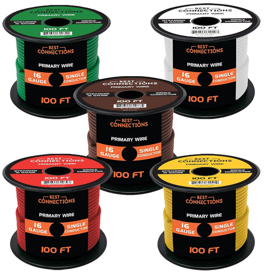 Best Connections 16 Gauge Car Audio Primary Wire (100ft–5 Rolls)– Remote, Power/Ground Electrical