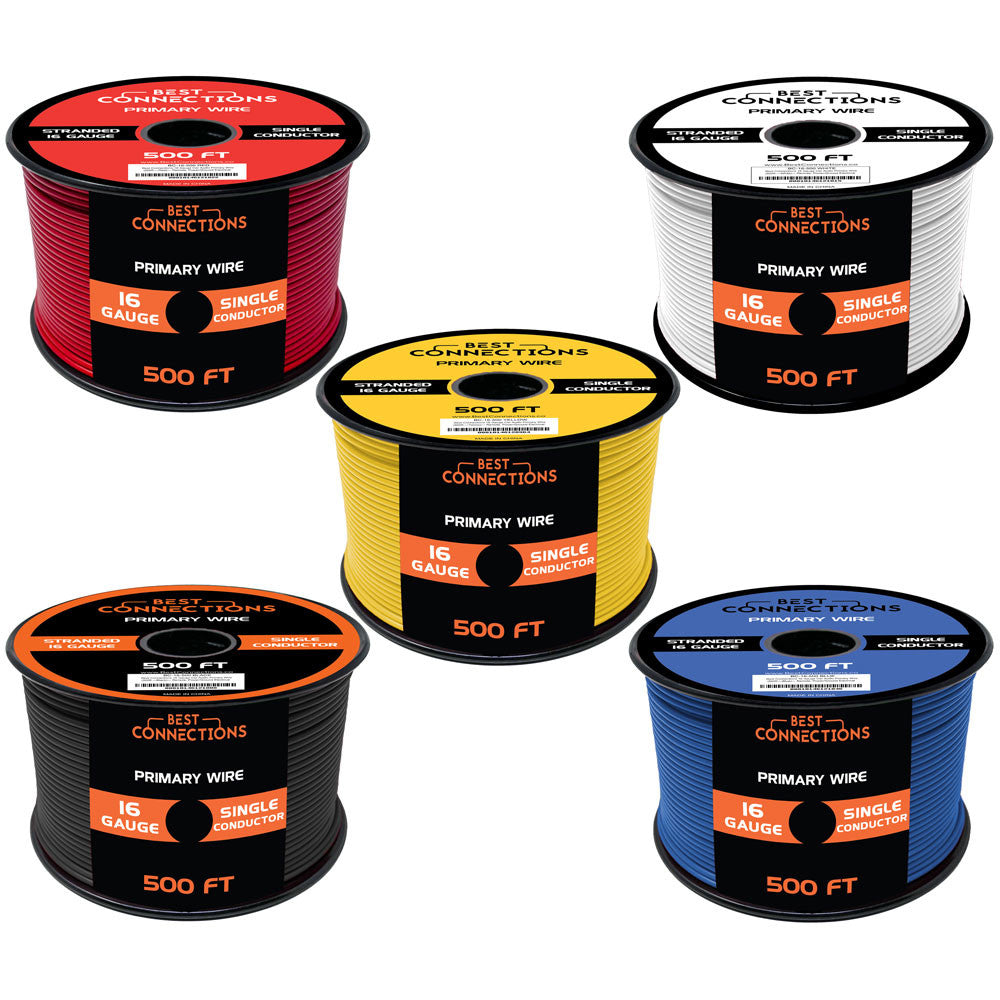 BEST CONNECTIONS 16 Gauge Automotive Primary Wire (500ft Each 5 Color Bundle Set) | Ideal for Trailer, and Lighting Circuits | Durable Primary/Remote, Power/Ground Electrical Wiring