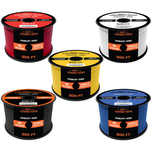 BEST CONNECTIONS 16 Gauge Automotive Primary Wire (500ft Each 5 Color Bundle Set) | Ideal for Trailer, and Lighting Circuits | Durable Primary/Remote, Power/Ground Electrical Wiring