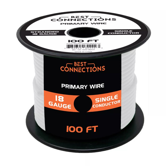 18 Gauge Car Audio Primary Wire (100ft–White)– Remote, Power/Ground Electrical