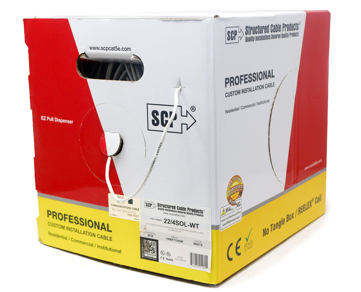 Alarm Wire, White, 22 AWG, 4 Conductor Solid Copper, In Wall, Pull box 1000ft