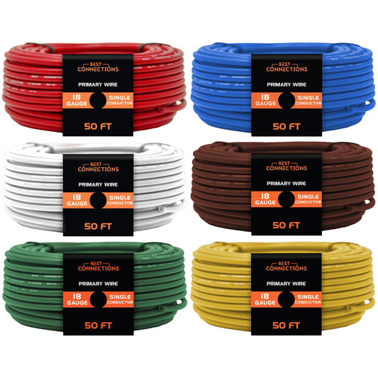 BEST CONNECTIONS 18 Gauge Automotive Primary Wire | Ideal for Automotive, Speaker, and Lighting Circuits | Primary/Remote, Power/Ground Electrical Wiring (50 Feet, 6 Rolls)