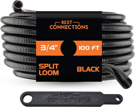 Best Connections 100 Ft 3/4" Split Wire Loom with Installation Tool Black Flex-Guard Convoluted Tubing