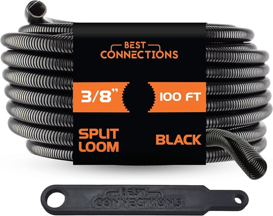Best Connections 100 Ft 3/8" Split Wire Loom with Installation Tool Black Flex-Guard Convoluted Tubing
