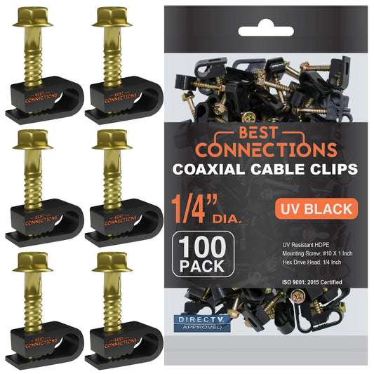 BEST CONNECTIONS Coaxial Cable Clips with Pre-inserted Screw (100 Pack) – Black Single Cable Mounting Clamps for Coax Cable (RG6, RG59) and Ethernet Cable – Cord Fastener/Strain Relief Clip