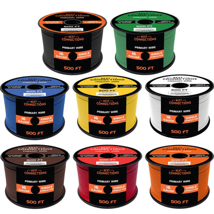 BEST CONNECTIONS 16 Gauge Automotive Primary Wire (500ft Each 8 Color Bundle Set) | Ideal for Trailer, and Lighting Circuits | Durable Primary/Remote, Power/Ground Electrical 12V Wiring