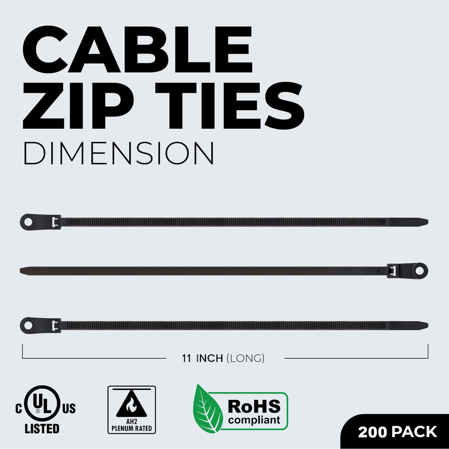 200 Pieces 11" Screw Down Nylon Cable Zip Ties Mounting Hole 50 Lbs Test Black