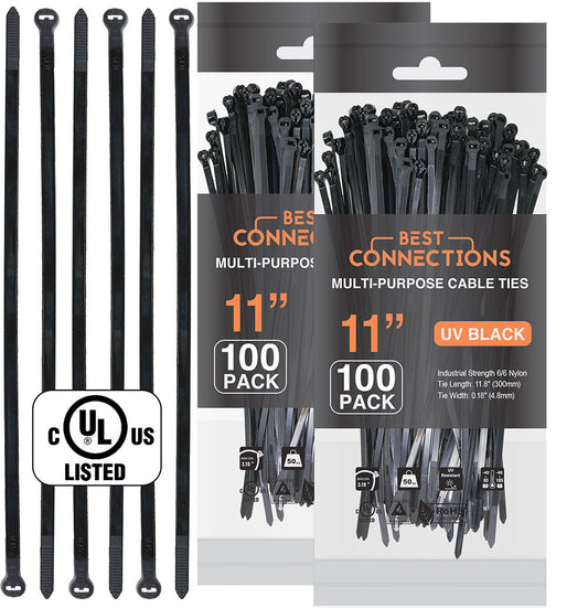 BEST CONNECTIONS Black Cable Ties – 200 Pcs Cable Zip Ties 11 Inch – Multi-Purpose Self-Locking Nylon Wire Ties with 50 Lbs Tensile Strength – Cable Management Ties for Outdoor & Indoor