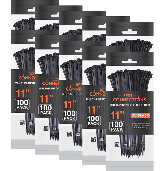 Best Connections 1000 Pieces 11" Black Nylon Cable Zip Wire Ties 50 Lbs Tensile Strength