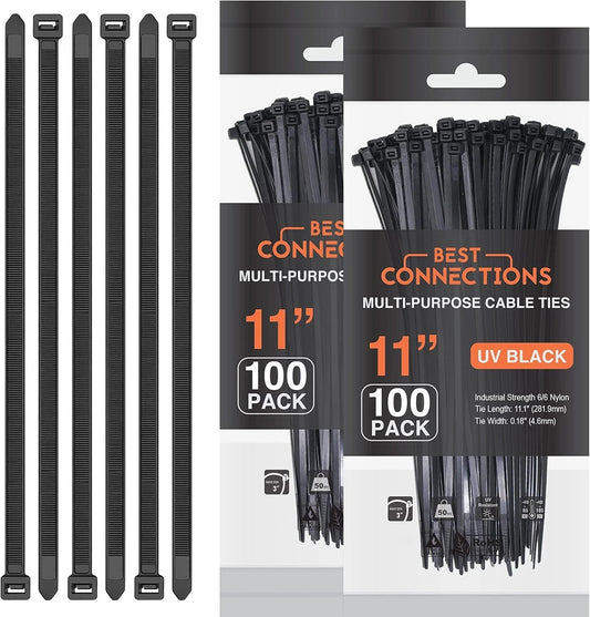 Best Connections 200 Pieces 11" Black Nylon Cable Straps Zip Ties Wire 50 Lbs Tensile Strength