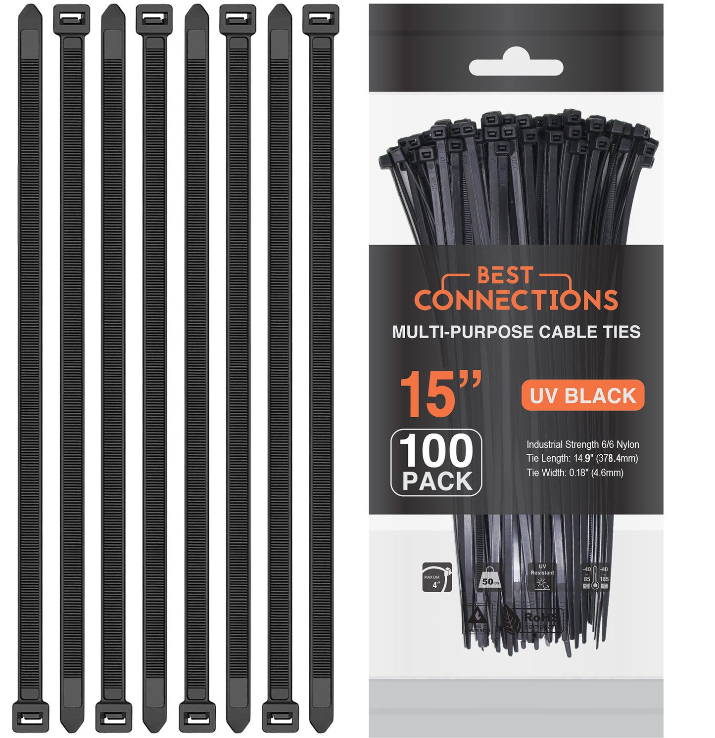 Best Connections 100 Pcs 15" Inch Black Heavy Duty Tensile Nylon Cable Zip Tie Car House Audio