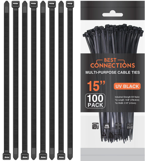 Best Connections 100 Pcs 15" Inch Black Heavy Duty Tensile Nylon Cable Zip Tie Car House Audio