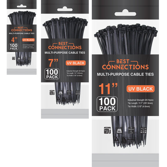 Best Connections 100 Pcs Each 4" / 7" / 11" Black Nylon Cable Wire Zip Ties (300 Pcs Total)